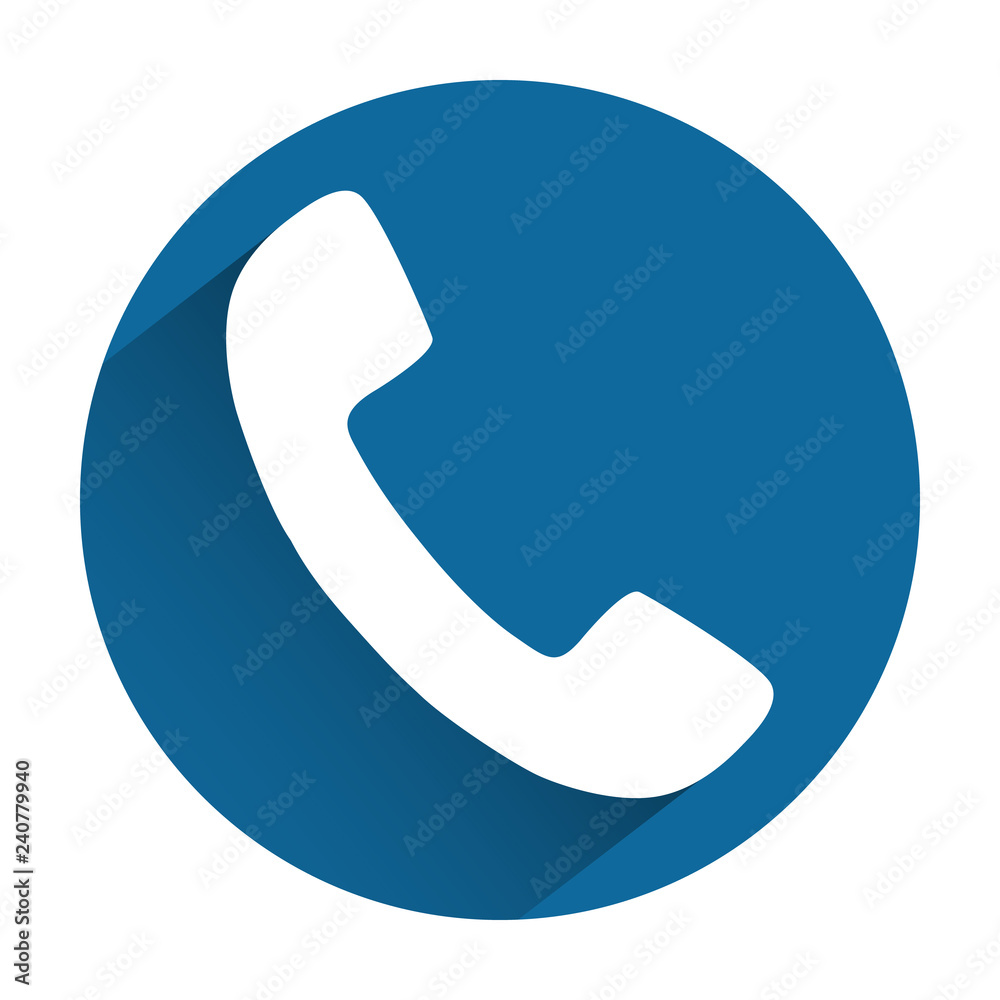Flat blue phone icon on gray background with shadow Flat blue phone icon on gray background with shadow