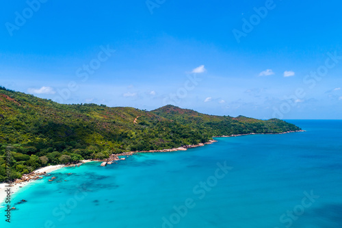 Aerial view of beautiful island at Seychelles in the Indian Ocean. Top view from drone