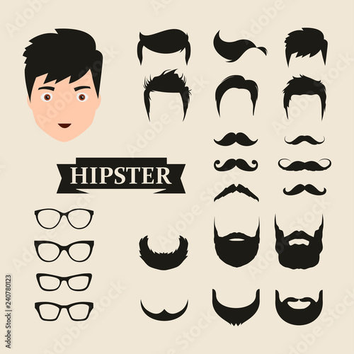 Big vector set of dress up constructor with different men hipster haircuts, glasses, beard, mustache, bikes in trendy flat style. Male faces icon creator.