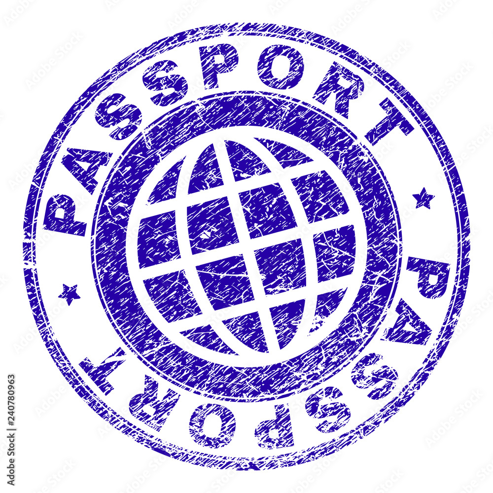 PASSPORT stamp imprint with distress texture. Blue vector rubber seal imprint of PASSPORT text with corroded texture. Seal has words placed by circle and globe symbol.
