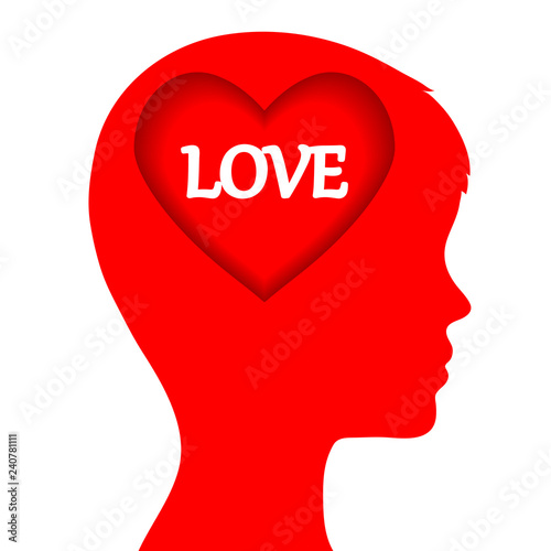 Love concept with man head and red heart on white, stock vector illustration