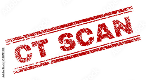 CT SCAN seal imprint with corroded texture. Red vector rubber print of CT SCAN label with grunge texture. Text label is placed between double parallel lines.