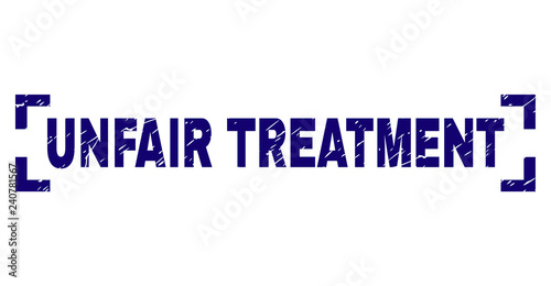 UNFAIR TREATMENT tag seal print with grunge texture. Text tag is placed between corners. Blue vector rubber print of UNFAIR TREATMENT with unclean texture.