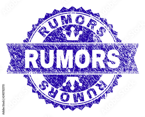 RUMORS rosette stamp seal watermark with distress texture. Designed with round rosette, ribbon and small crowns. Blue vector rubber watermark of RUMORS text with grunge texture.