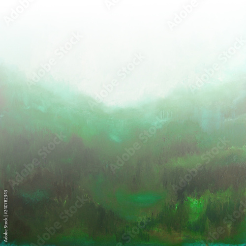 Abstract landscape painting with siberian forest taiga. Original artwork, oil on canvas