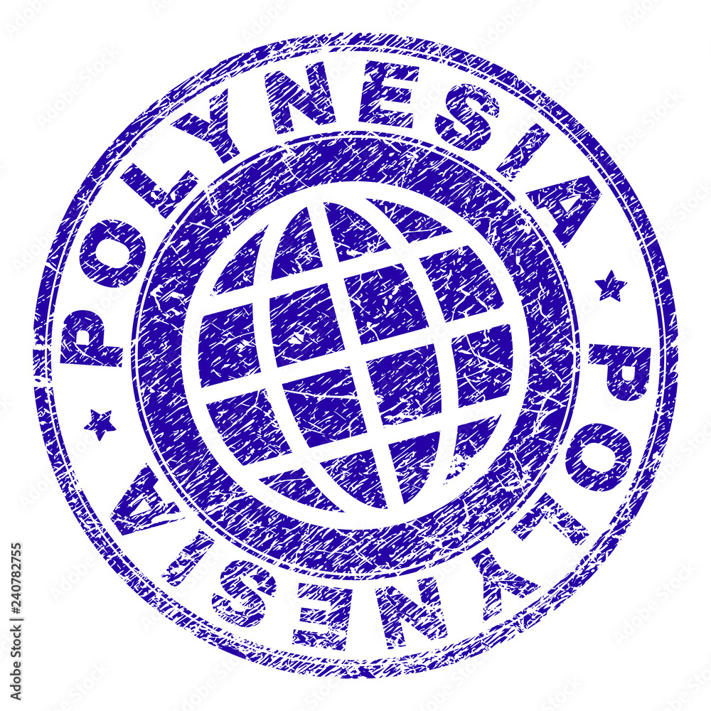 POLYNESIA stamp print with grunge texture. Blue vector rubber seal print of POLYNESIA tag with dust texture. Seal has words arranged by circle and globe symbol.