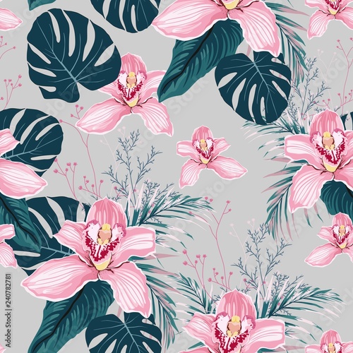 Fototapeta Naklejka Na Ścianę i Meble -  Seamless pattern with flowers Orchid,  colorful tropical leaves and herbs. Exotic illustration in vintage style on light grey background. 