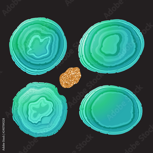 Set Stone slice trendy sea green color. Round, oval, heart shape. Vector illustration isolated on black