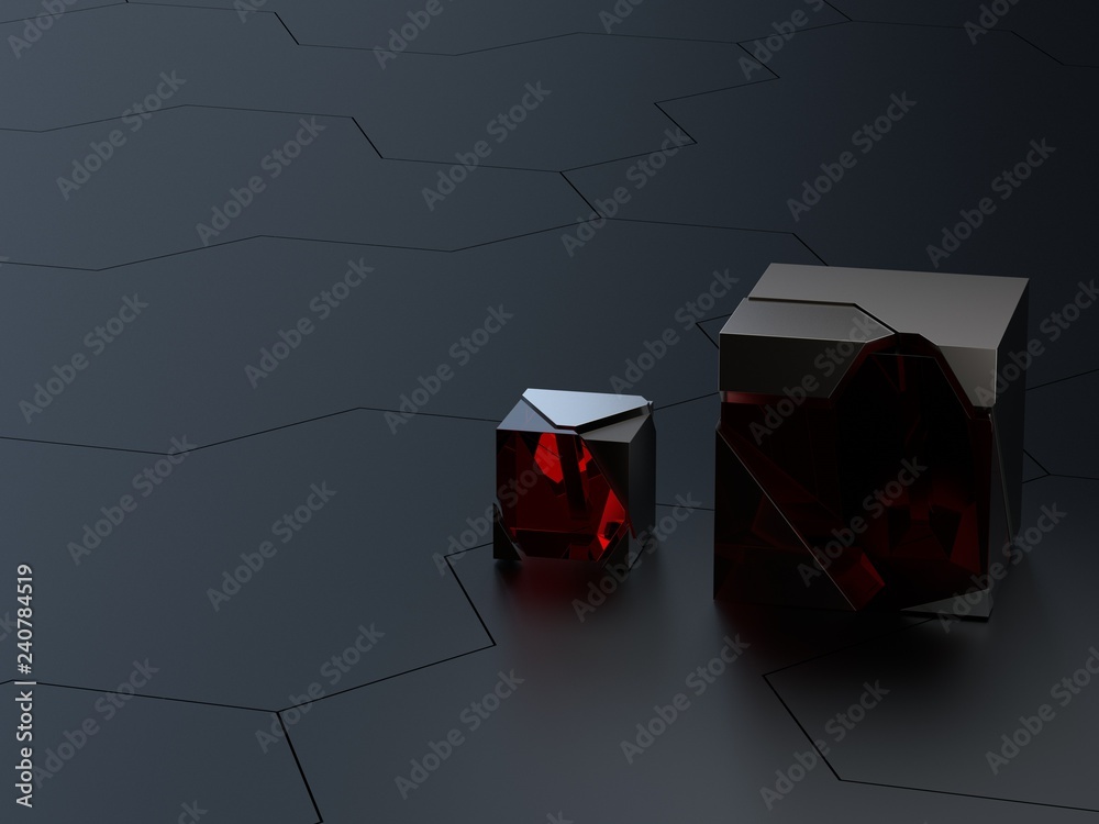 Abstract high details hexagonal technical or sci-fi honeycomb background with roughness glass and metal cubes 3d render