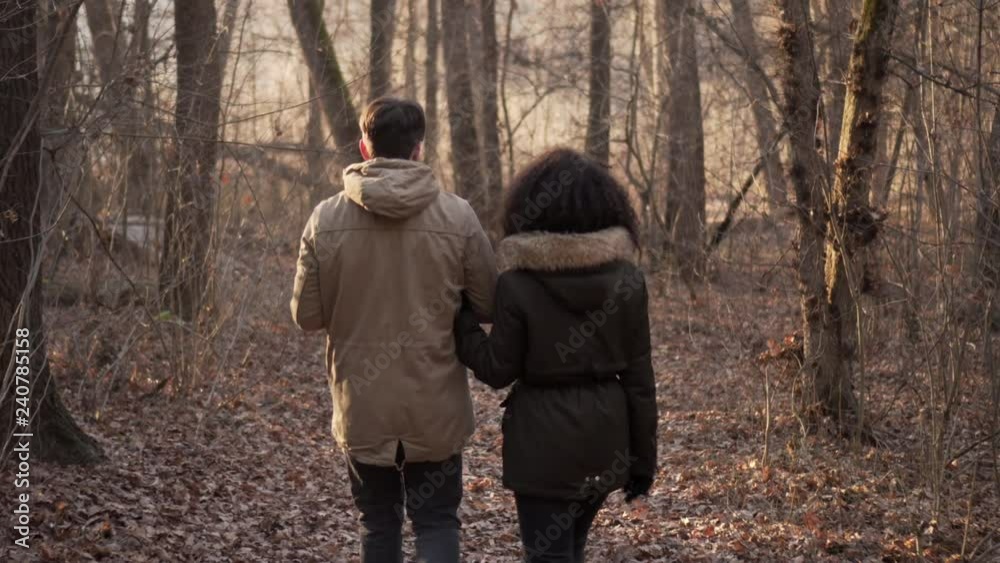 Couple strolling in forest during winter