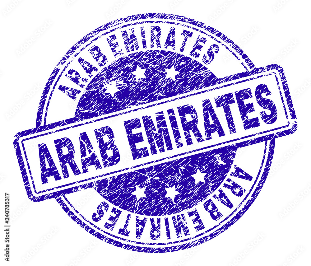 ARAB EMIRATES stamp seal imprint with grunge texture. Designed with rounded rectangles and circles. Blue vector rubber print of ARAB EMIRATES text with grunge texture. ARAB EMIRATES stamp seal imprint with grunge texture. Designed with rounded rectangles and circles. Blue vector rubber print of ARAB EMIRATES text with grunge texture.