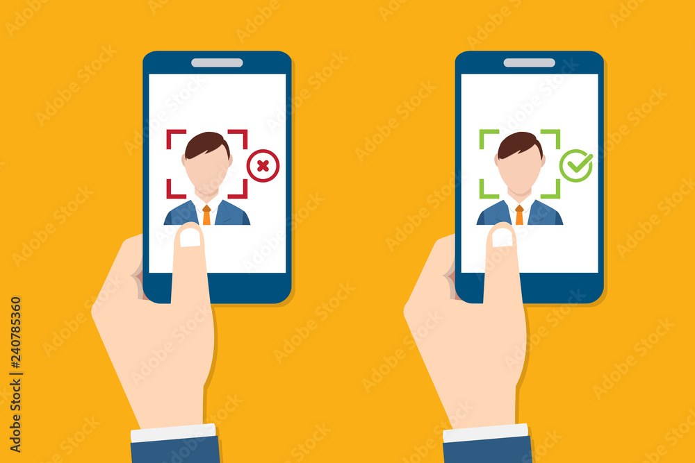 Facial recognition technology, Face ID concept, smart phone focus in a users face. EPS10 vector illustration in a flat style. Facial recognition technology, Face ID concept, smart phone focus in a users face. EPS10 vector illustration in a flat style.