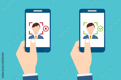  Facial recognition technology, Face ID concept, smart phone focus in a users face. EPS10 vector illustration in a flat style.