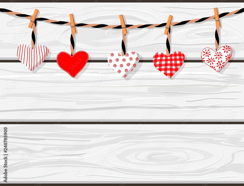 Hand drawn vector cartoon white wooden planks boards texture with handmade textile hearts hanging. St.Valentine's concept
