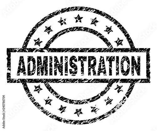 ADMINISTRATION stamp seal watermark with distress style. Designed with rectangle, circles and stars. Black vector rubber print of ADMINISTRATION label with unclean texture.
