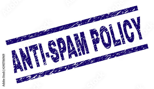 ANTI-SPAM POLICY seal print with distress style. Blue vector rubber print of ANTI-SPAM POLICY title with dust texture. Text title is placed between parallel lines.