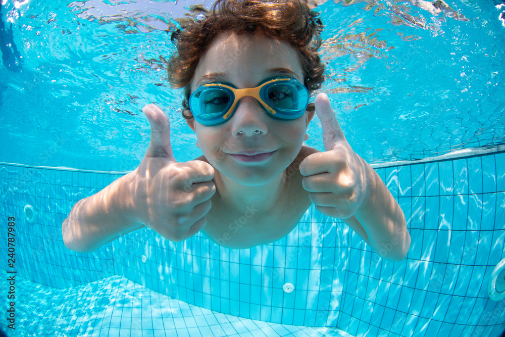 Underwater Young Boy Fun in the Swimming Pool with Goggles - obrazy, fototapety, plakaty 