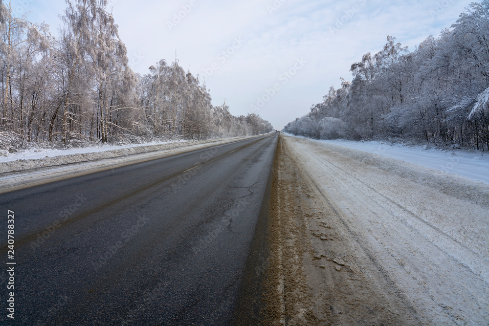 Turn of a winter road landscape Turn of a winter road landscape