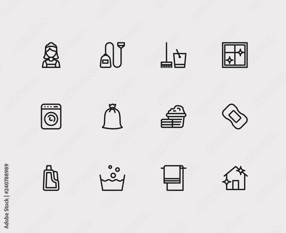 Laundry icons set. Laundry and laundry icons with window cleaning, cleaning equipment and vacuum