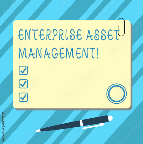 Word writing text Enterprise Asset Management. Business concept for analysisaging the lifecycle of physical assets Blank Square Color Board with Magnet Click Ballpoint Pen Pushpin and Clip photo