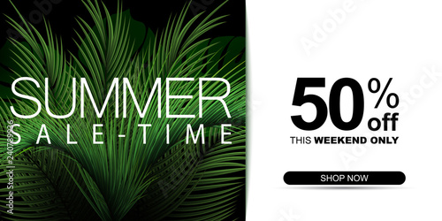Summer sale banner. Tropical palm leaf. Floral background.