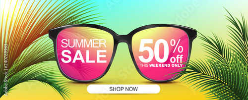 Summer sale 50% off. Discount banner. Sunglasses with colored lenses. Sunshine palm leaves. 
