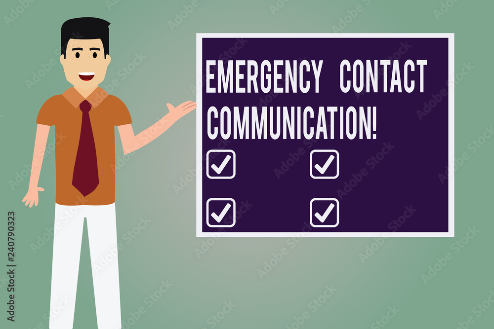 Word writing text Emergency Contact Communication. Business concept for Notification system or plans during crisis Man with Tie Standing Talking Presenting Blank Color Square Board photo Word writing text Emergency Contact Communication. Business concept for Notification system or plans during crisis Man with Tie Standing Talking Presenting Blank Color Square Board photo