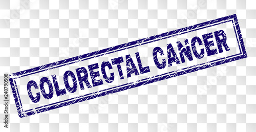 COLORECTAL CANCER stamp seal print with scratched style and double framed rectangle shape. Stamp is placed on a transparent background.