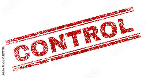 CONTROL seal print with distress texture. Red vector rubber print of CONTROL caption with unclean texture. Text caption is placed between double parallel lines.