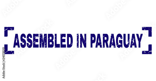ASSEMBLED IN PARAGUAY text seal print with grunge style. Text title is placed between corners. Blue vector rubber print of ASSEMBLED IN PARAGUAY with unclean texture.