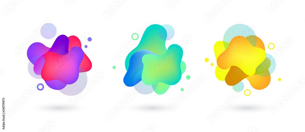 Vector vivid gradient spots with geometric symbols set on isolated background. Abstract elements for trendy vibrant color design. Fluid blots, wavy dops, flowing elements. Plasma splash illustration Vector vivid gradient spots with geometric symbols set on isolated background. Abstract elements for trendy vibrant color design. Fluid blots, wavy dops, flowing elements. Plasma splash illustration