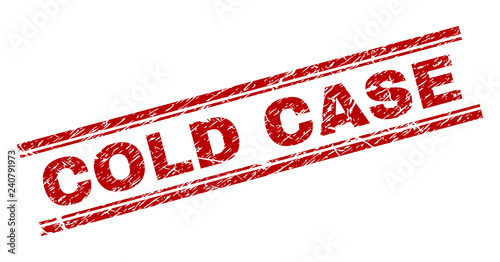 COLD CASE seal stamp with corroded texture. Red vector rubber print of COLD CASE tag with corroded texture. Text tag is placed between double parallel lines.