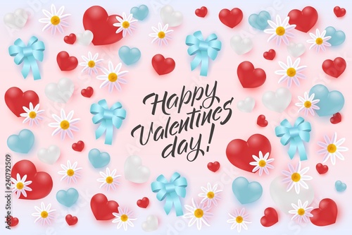 Wallpaper Mural Happy Valentine Day greeting banner or card with realistic 3d heart shapes, bows and flowers on pastel pink background - vector illustration of romantic floral love congratulation for 14 February. Torontodigital.ca