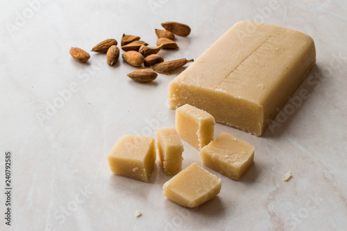 Homemade Almond Paste Whole Marzipan on Wooden Board.