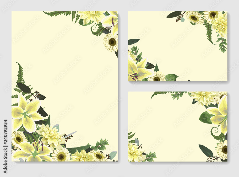Set of vector wedding invitation, greeting card, save date.  With green forest leaf, fern, branches, buxus, eucalyptus. Flowers of white lily, gerbera, dahlia, brunia. Certificates