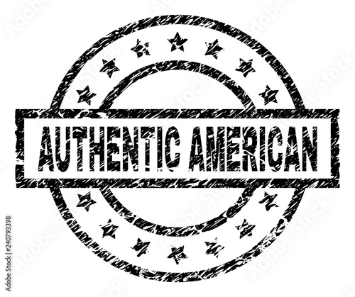 AUTHENTIC AMERICAN stamp seal watermark with distress style. Designed with rectangle, circles and stars. Black vector rubber print of AUTHENTIC AMERICAN label with unclean texture.