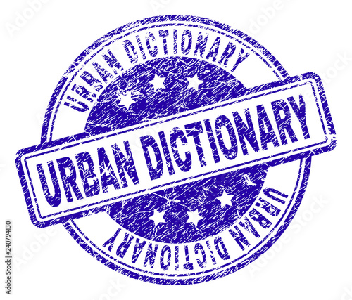 URBAN DICTIONARY stamp seal watermark with distress texture. Designed with rounded rectangles and circles. Blue vector rubber print of URBAN DICTIONARY text with unclean texture.