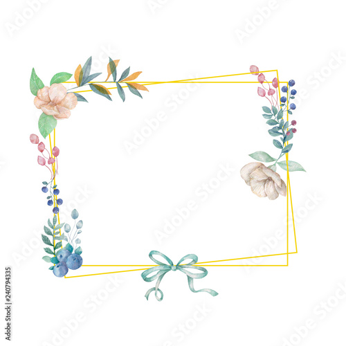 Fototapeta Naklejka Na Ścianę i Meble -  Watercolor flowers and leaves wreath. Gold frame illustration. square and bow clip art branch for celebration, widding, invite card white background Vintage style