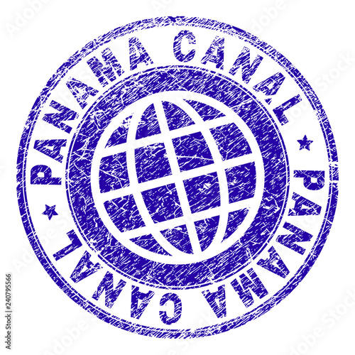 PANAMA CANAL stamp imprint with distress texture. Blue vector rubber seal imprint of PANAMA CANAL title with grunge texture. Seal has words placed by circle and globe symbol.