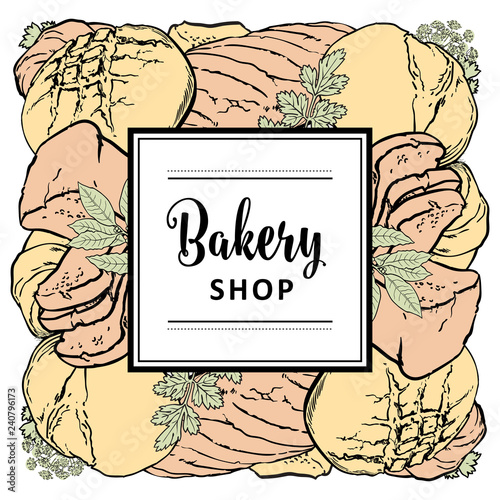 Vector bakery brand logo with loafs of white, brown rye bread, wheat ears and frame for name. Bakeshop menu background, illustration for cafe or restaurant. Baking food package template.