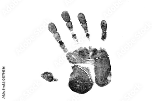 Black prints of hand on transparent paper. Black handprint. Isolated on white.