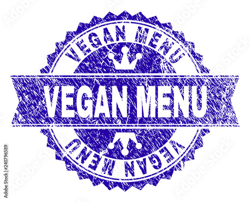 VEGAN MENU rosette stamp seal overlay with grunge style. Designed with round rosette, ribbon and small crowns. Blue vector rubber print of VEGAN MENU text with grunge style.