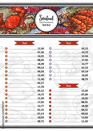 Vector seafood restaurant menu design template. cafe logo and list of dishes with sketch underwater animals delicacy pattern. Marine composition with shrimps, crawfish, octopus with caviar