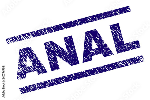 ANAL seal print with grunge style. Blue vector rubber print of ANAL caption with unclean texture. Text caption is placed between parallel lines.