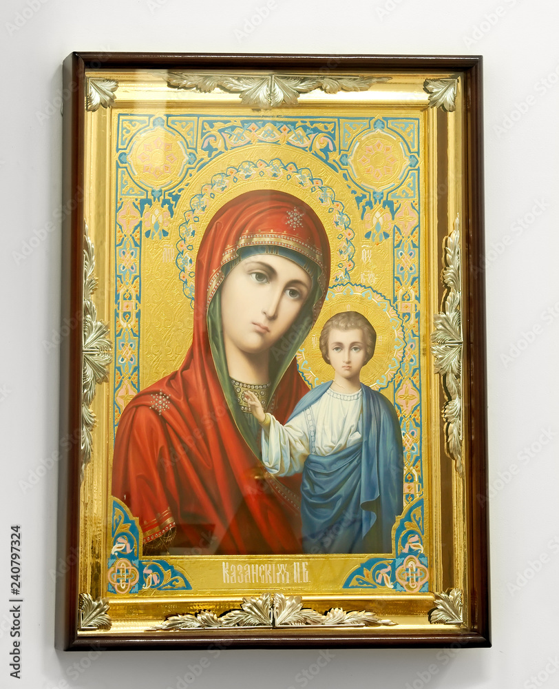 Old wooden icon on white background virgin mary and jesus