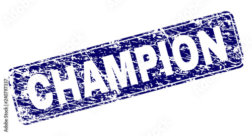 CHAMPION stamp seal imprint with distress style. Seal shape is a rounded rectangle with frame. Blue vector rubber print of CHAMPION label with scratched style.