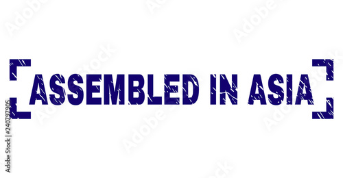 ASSEMBLED IN ASIA text seal print with distress style. Text caption is placed inside corners. Blue vector rubber print of ASSEMBLED IN ASIA with dust texture.