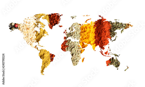 World map of different aromatic spices on white background. Creative collection