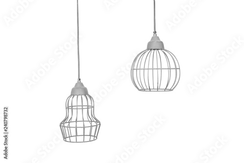 Stylish pendant lamps hanging on white background