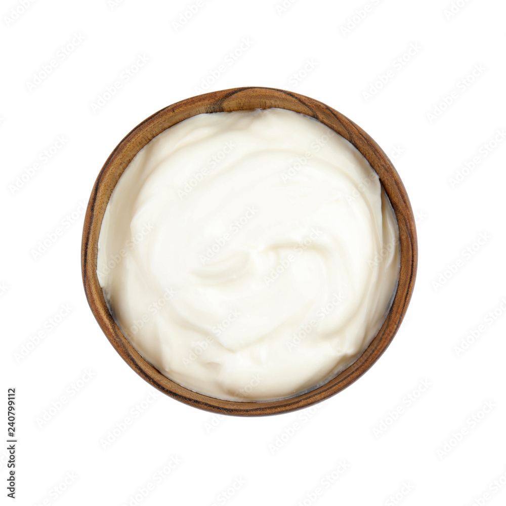 Bowl with sour cream on white background, top view Bowl with sour cream on white background, top view